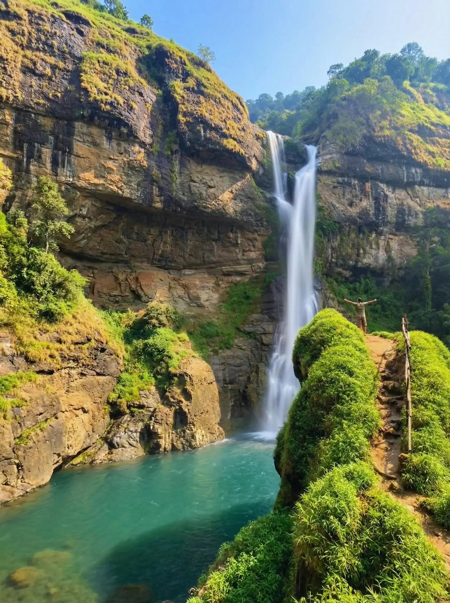 The towering 120-meter drop of Aw-Asen Falls crashing into a deep green catch basin