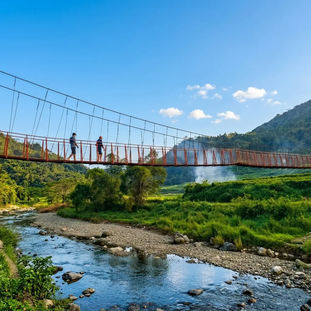 A metal hanging bridge leading towards the Aw-Asen Falls trail through lush green foliage