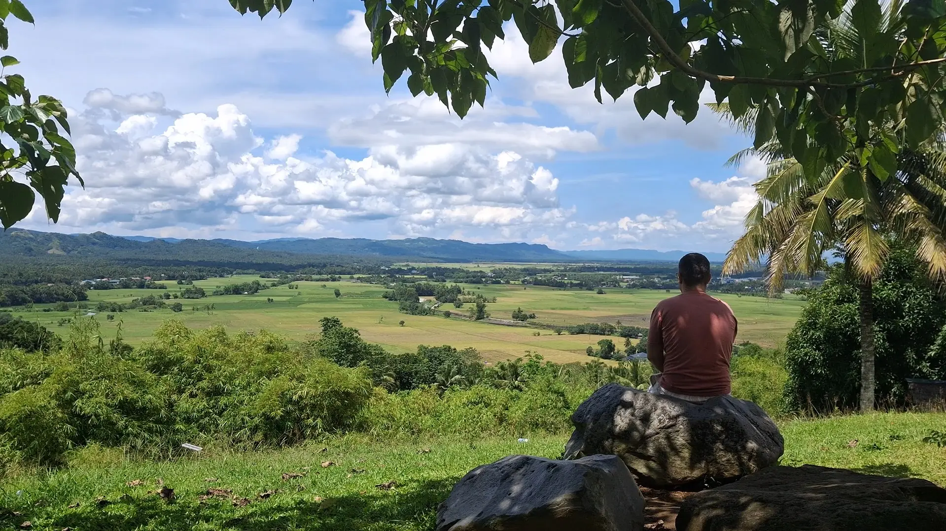 A man sitting on a rock in the shade, looking out over a vast green valley and blue mountains from Bambusetum Park.