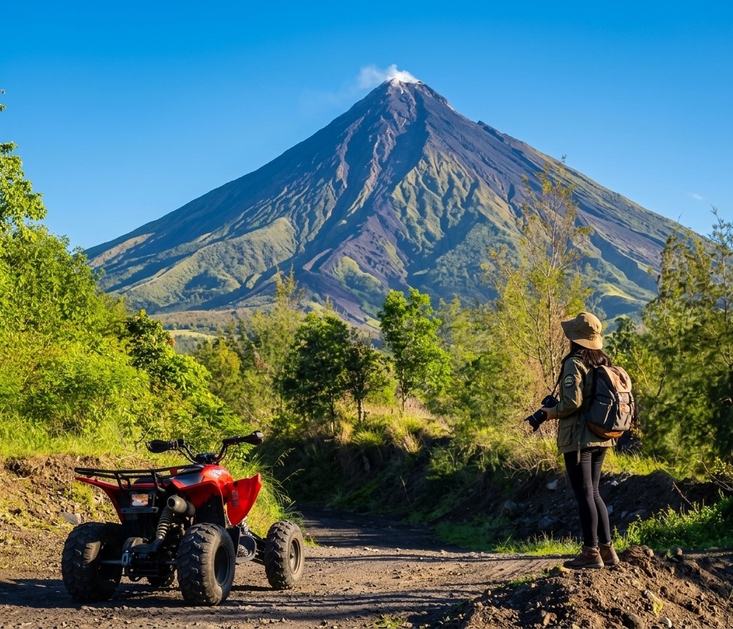Tourists enjoying a thrilling ATV ride on the rocky lahar trails near Cagsawa Ruins