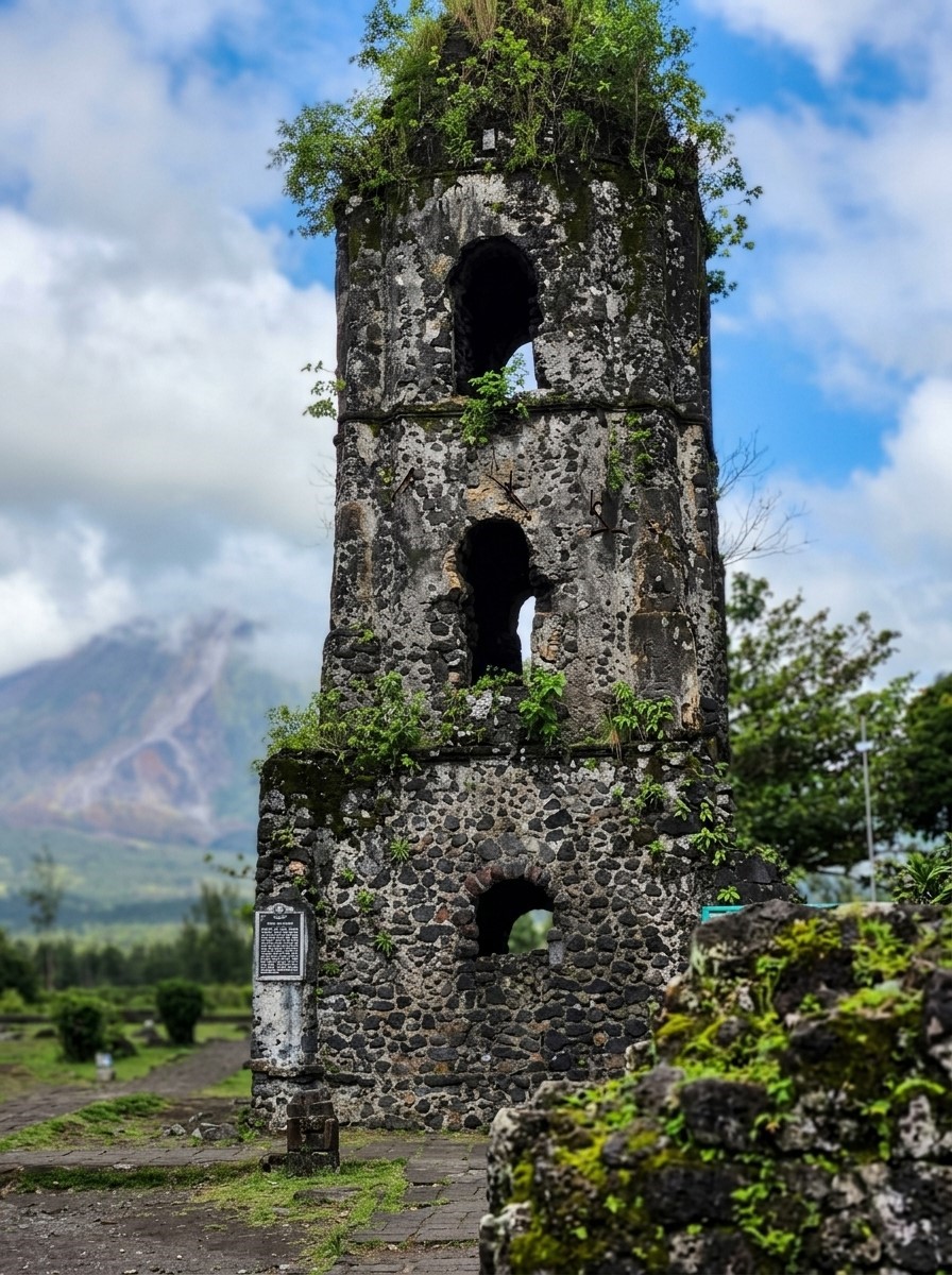 Close up view of the moss-covered Cagsawa bell tower