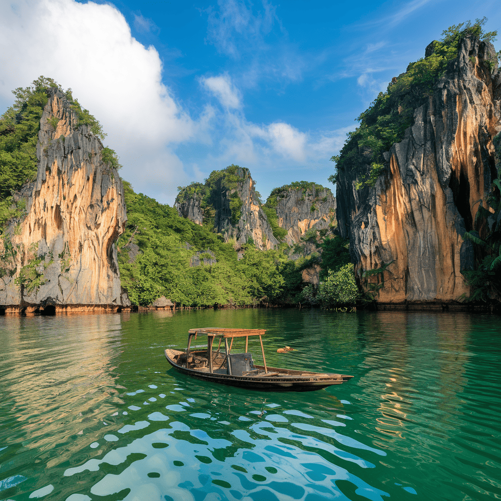 A traditional boat on a Ha Long Bay tour in Vietnam, surrounded by lush limestone karsts and emerald waters under a clear blue sky in 2025.