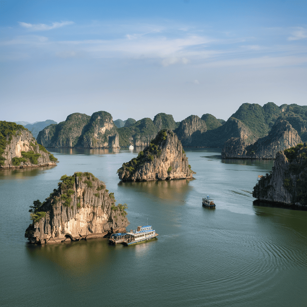 A scenic Ha Long Bay cruise in Vietnam, surrounded by towering limestone karsts and calm waters under a clear blue sky in 2025.