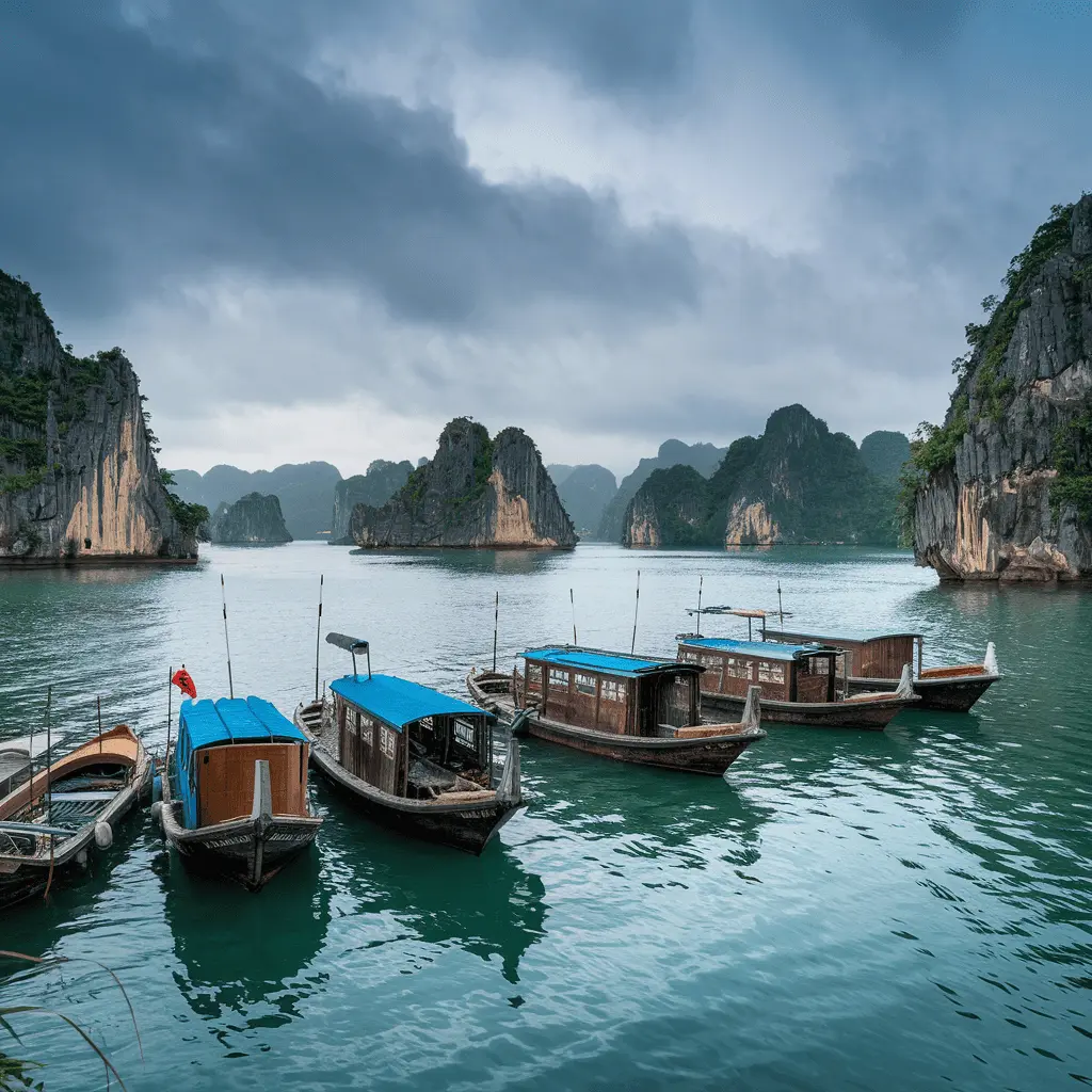 Traditional wooden boats docked in Ha Long Bay