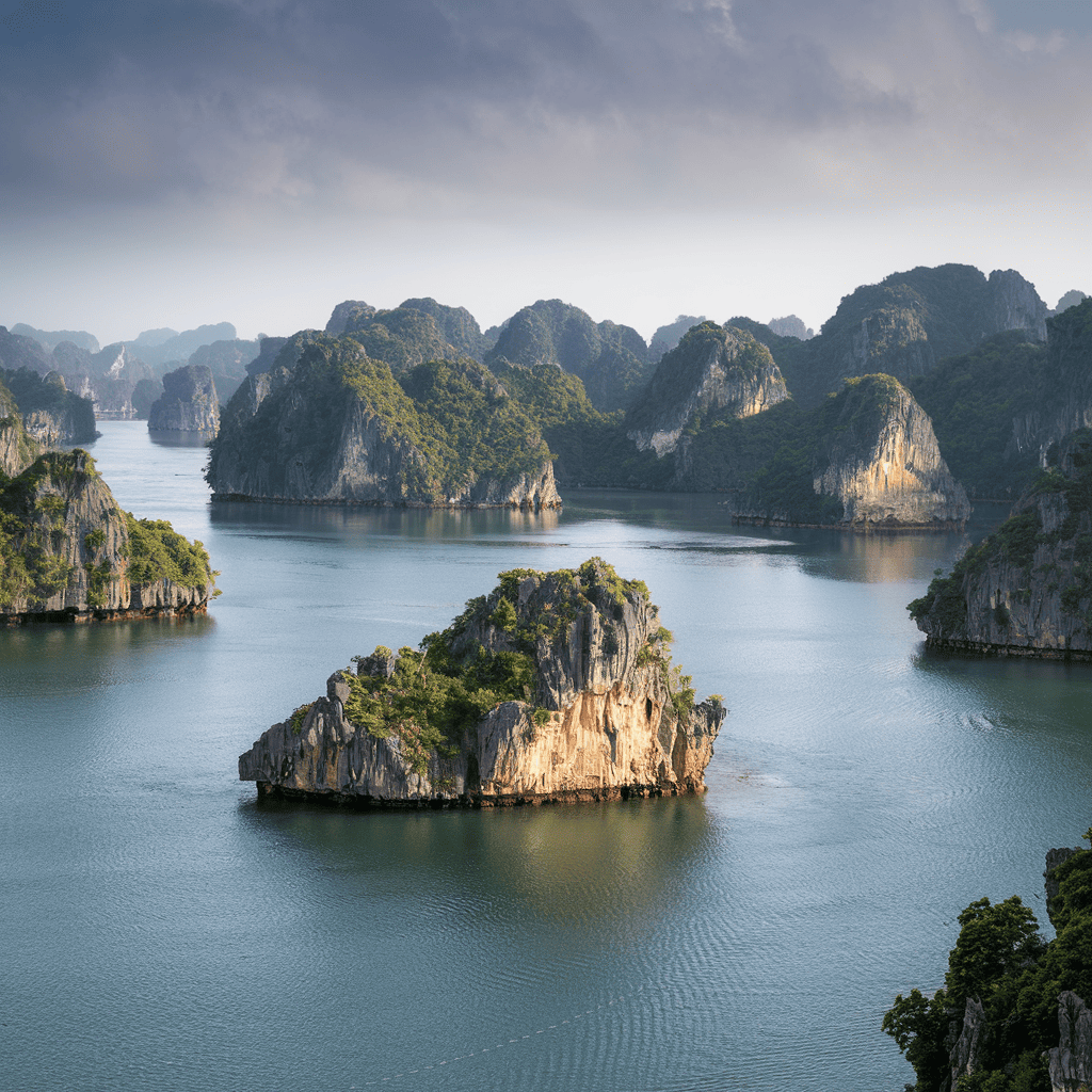A breathtaking view of Ha Long Bay in Vietnam, showcasing its emerald waters and lush limestone karsts under a dramatic sunset sky in 2025.