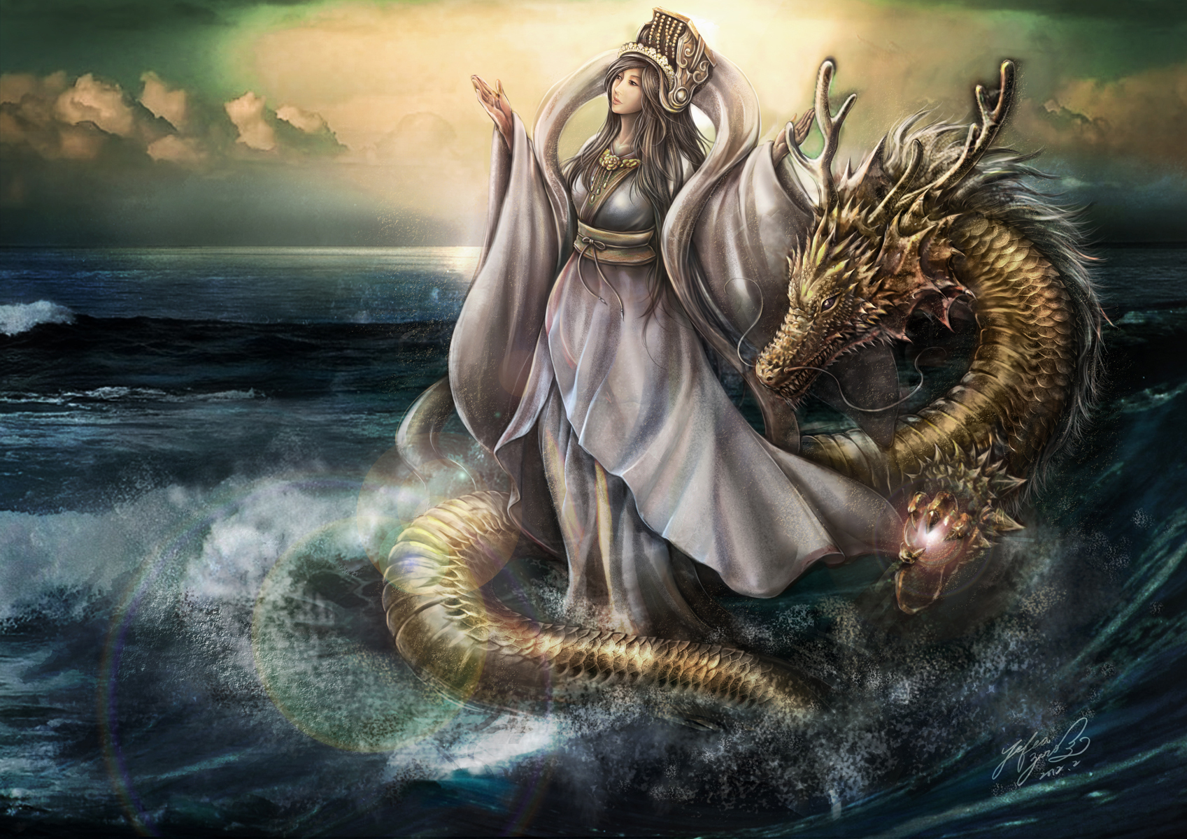 A majestic digital illustration of the goddess Mazu, standing on turbulent ocean waves, wearing flowing white and gold robes with an ornate crown, accompanied by a golden dragon with glowing claws, set against a dramatic sky at sunset.