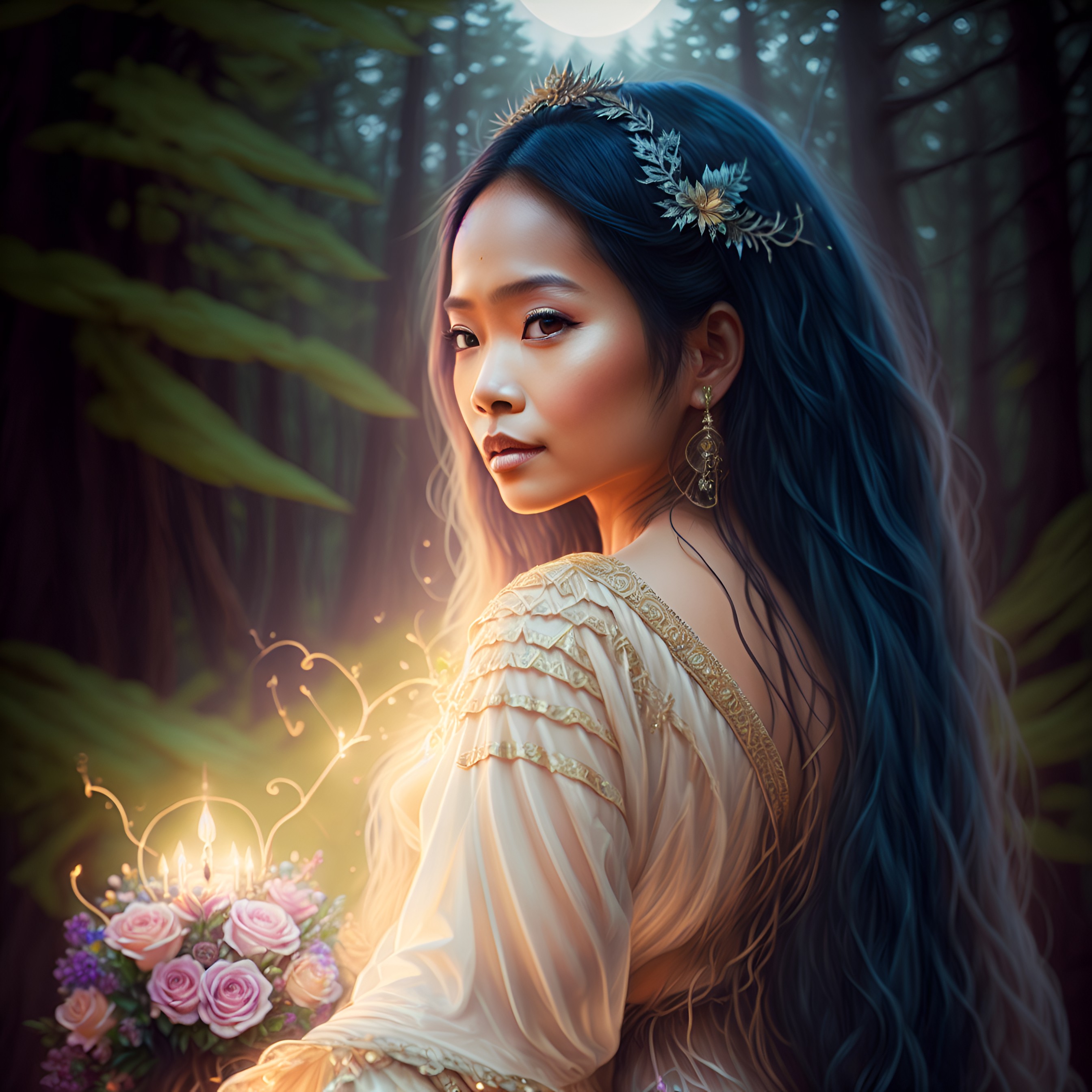 An artistic depiction of Maria Makiling, a mythical figure from Philippine folklore, standing in a forest with long blue hair, wearing a golden-trimmed gown, holding flowers, and illuminated by candlelight.