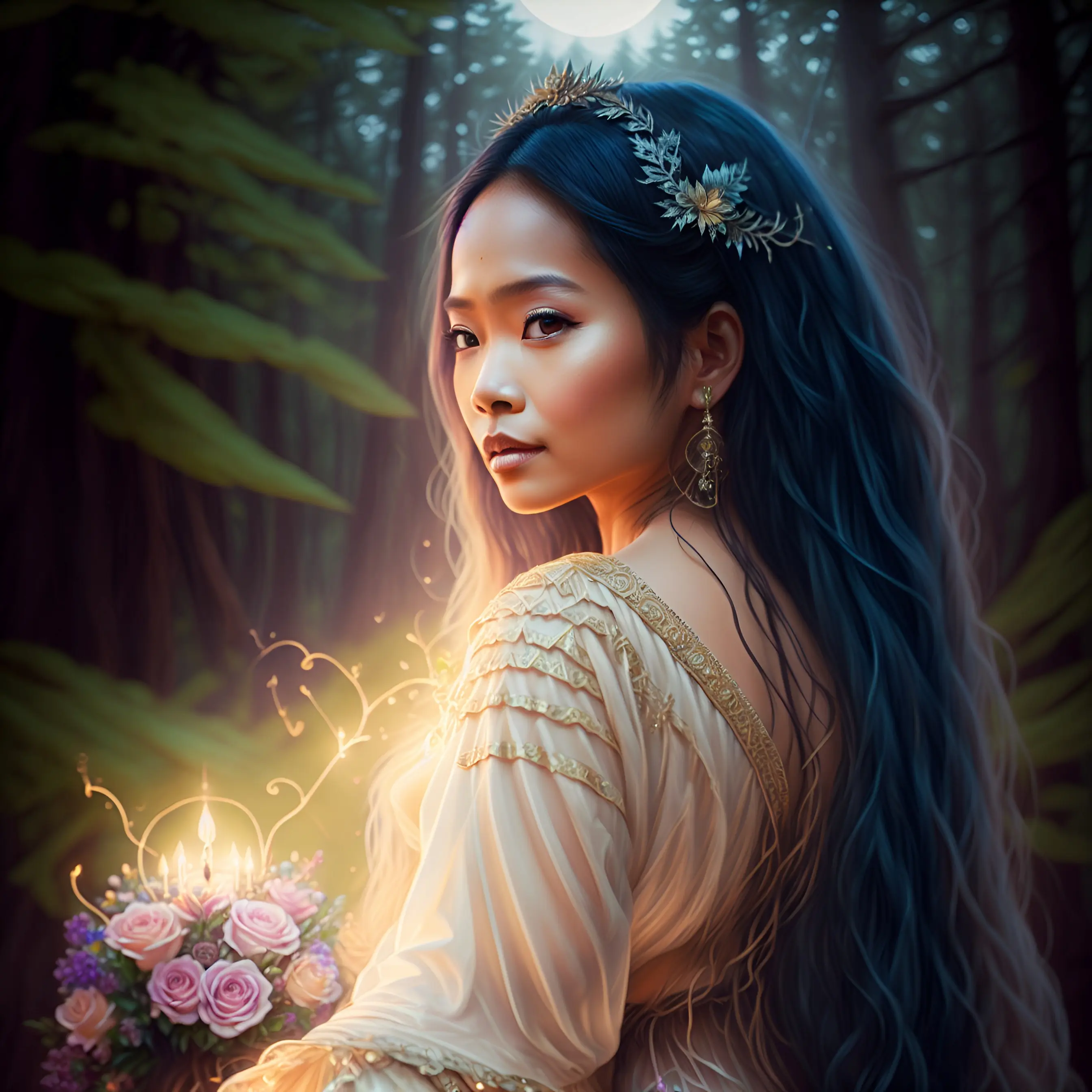 An artistic depiction of Maria Makiling, a mythical figure from Philippine folklore, standing in a forest with long blue hair, wearing a golden-trimmed gown, holding flowers, and illuminated by candlelight.