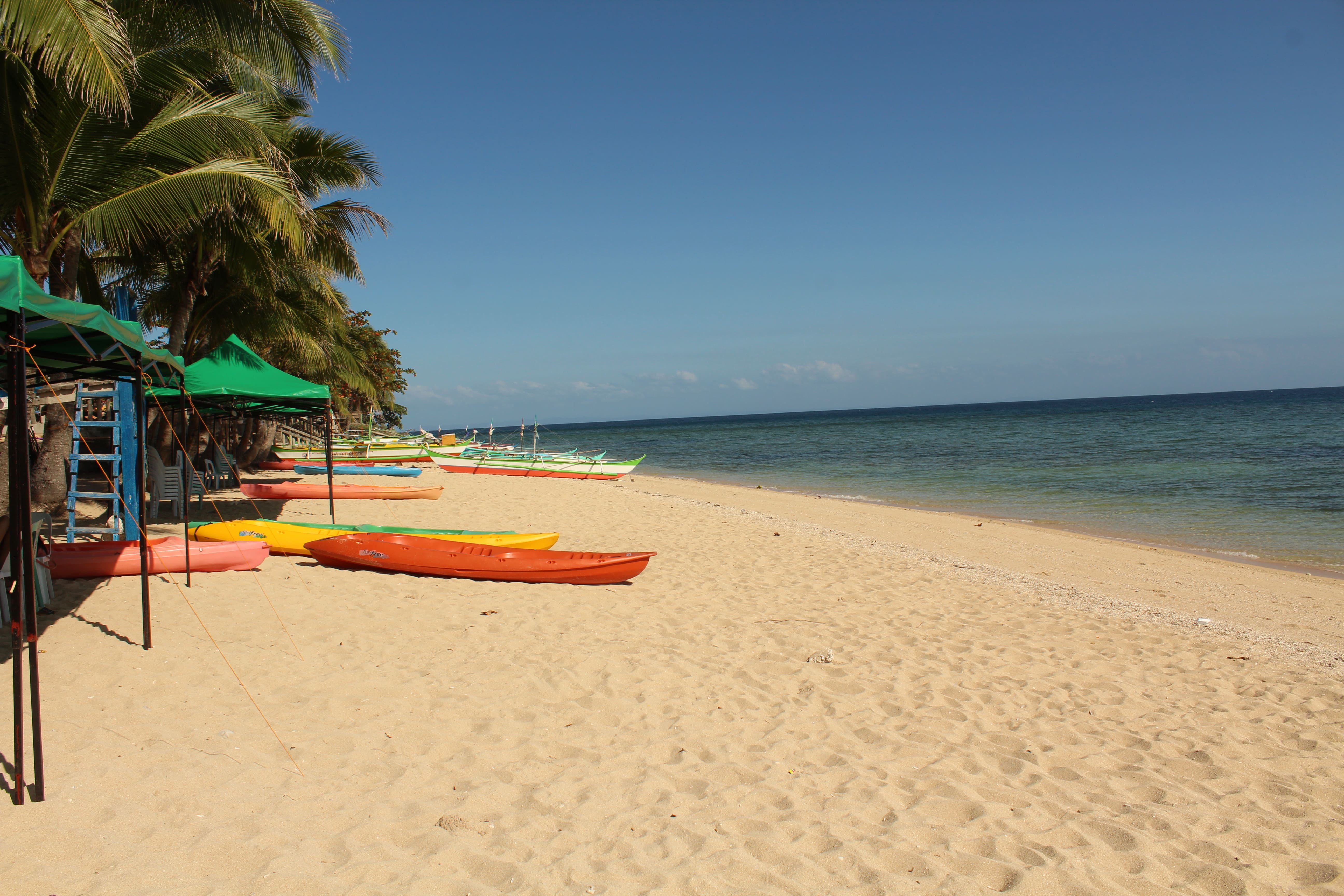 Scenic view of a sandy beach in Marinduque, Philippines, with palm trees, colorful kayaks, outrigger boats, and green umbrellas along the shoreline, under a clear blue sky with calm turquoise waters.