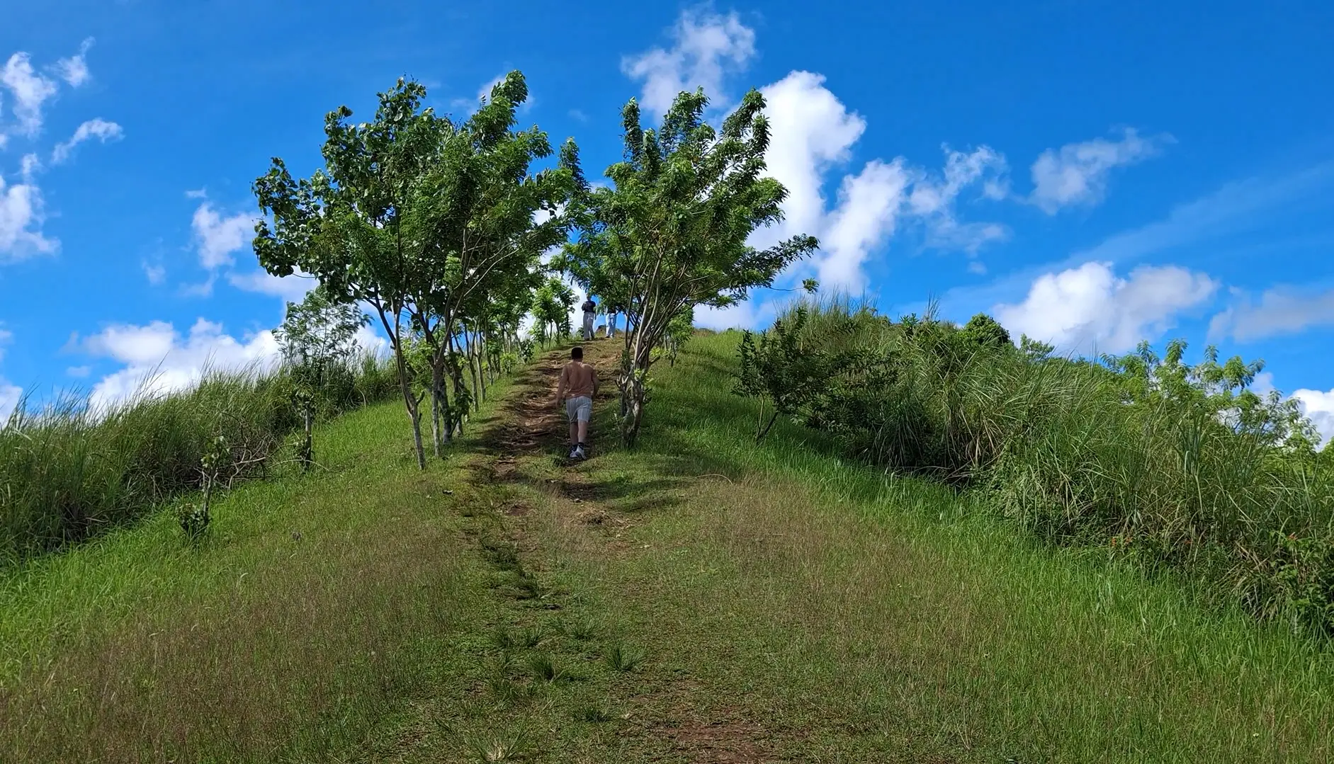 Travelers hiking the easy dirt trails leading up the green slopes of Quitinday Hills