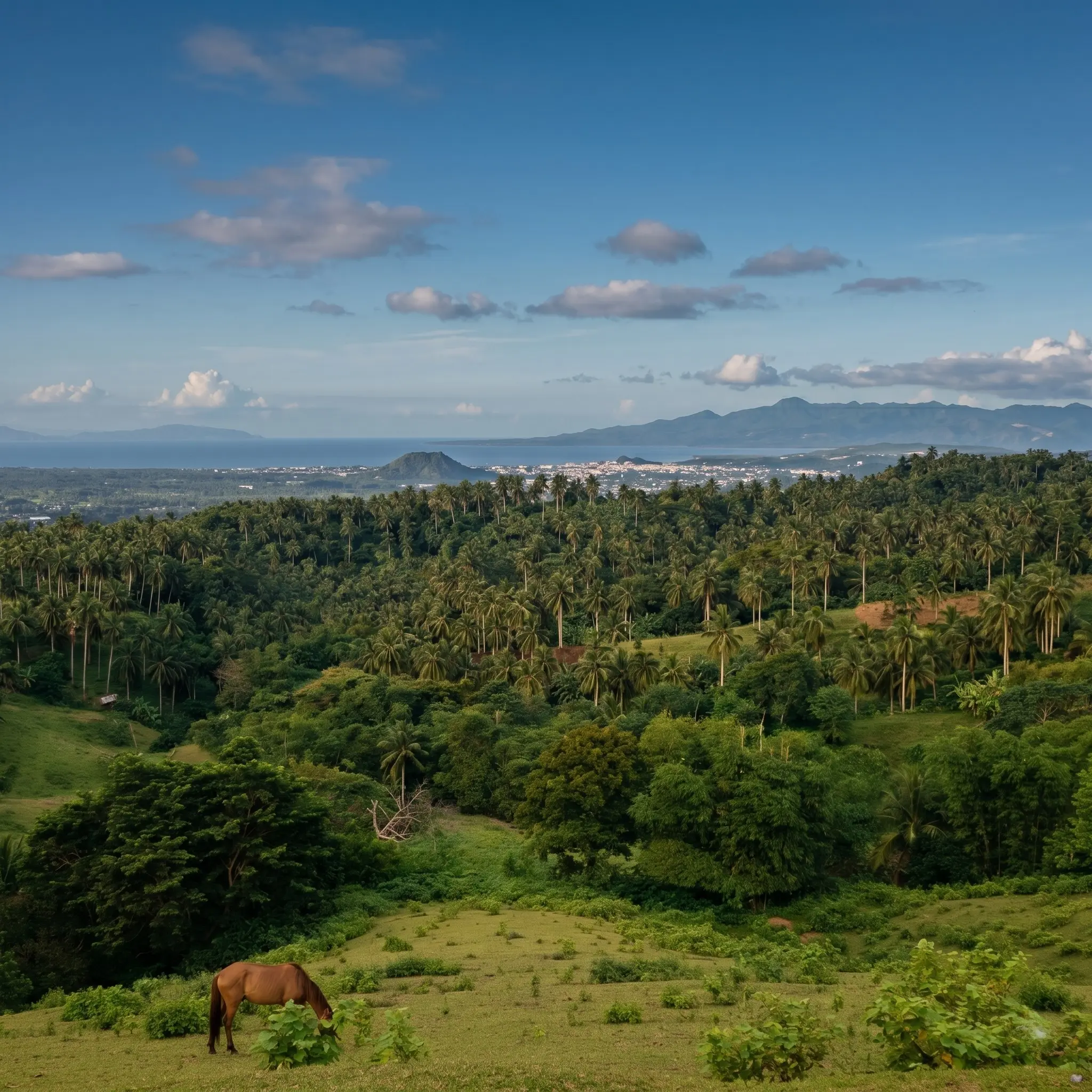 Horses grazing peacefully on the lush green meadows of Quituinan Hill