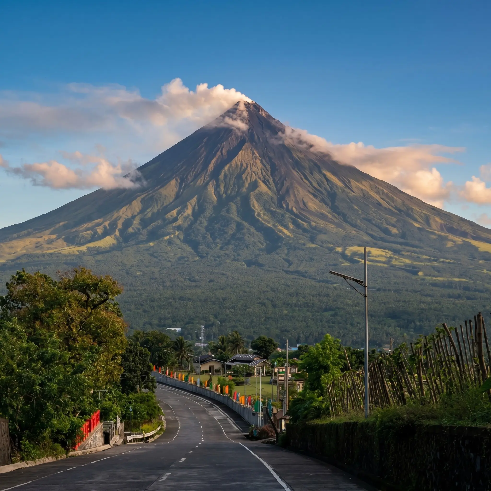 Clear morning view of the majestic Mount Mayon dominating the skyline from Quituinan Hill
