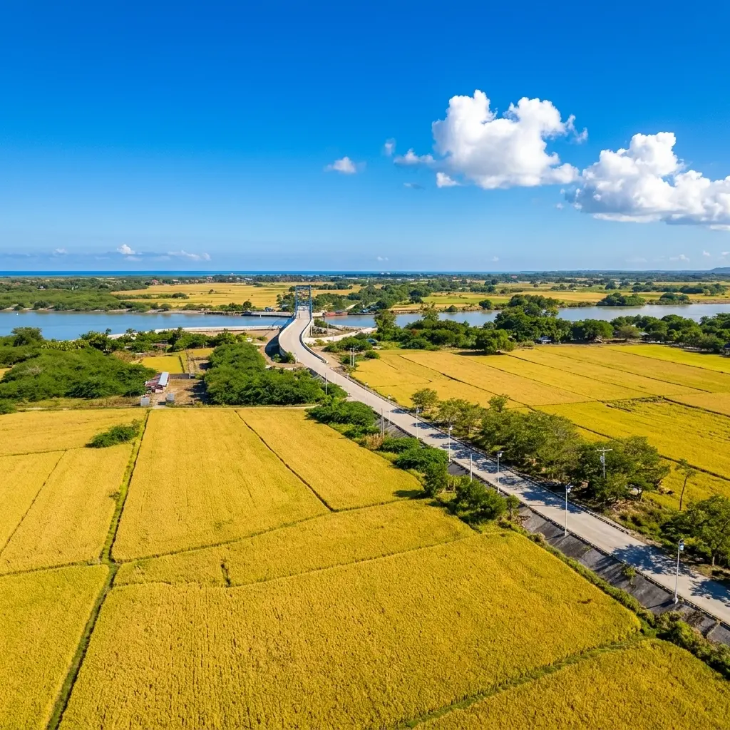 Drone shot of Calungbuyan Bridge surrounded by vast golden corn fields in Santa, Ilocos Sur