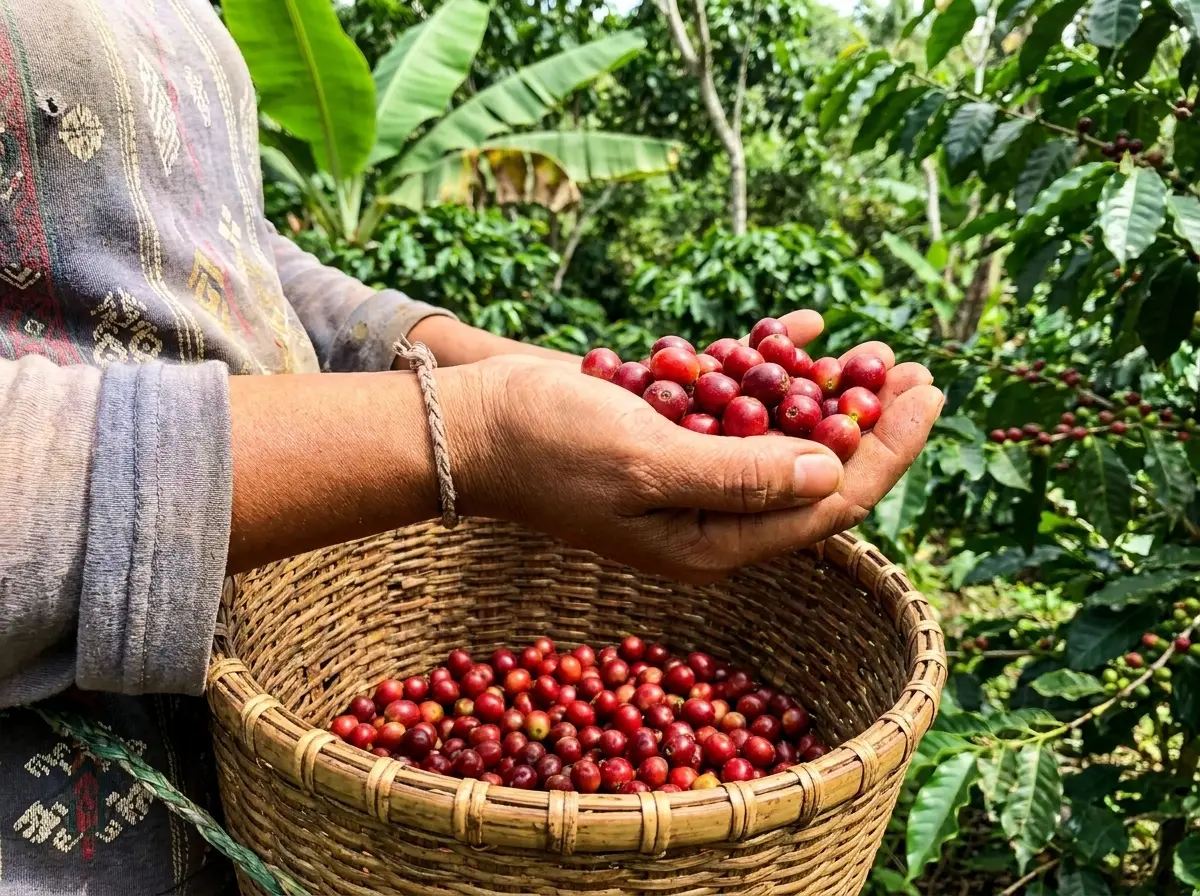 Freshly harvested robusta coffee beans in Sigay