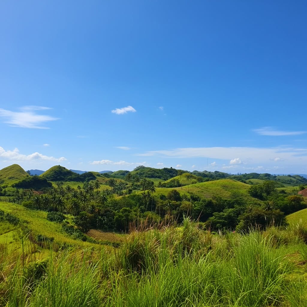 Vast green rolling hills of Tigbao with cows grazing in the distance